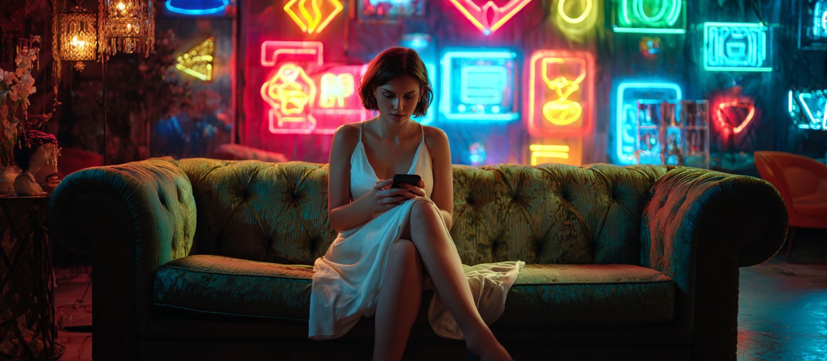 Woman in elegant white dress using smartphone on a luxury sofa with neon casino lights, symbolizing WW555 mobile app convenience