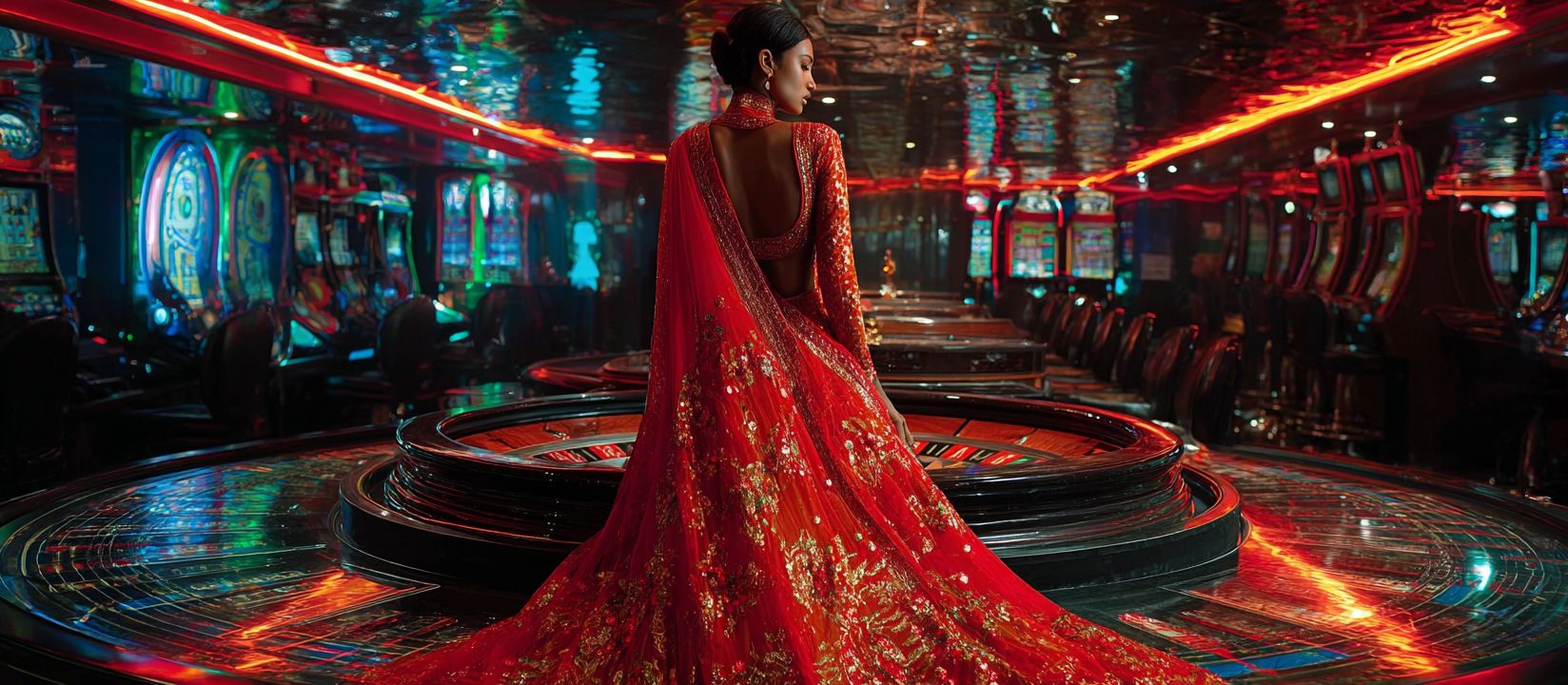 Enter the world of live gaming at WW555 Casino Glamorous woman in stunning red gown standing by giant roulette table with glowing slot machines, representing luxury live gaming at WW555 Casino