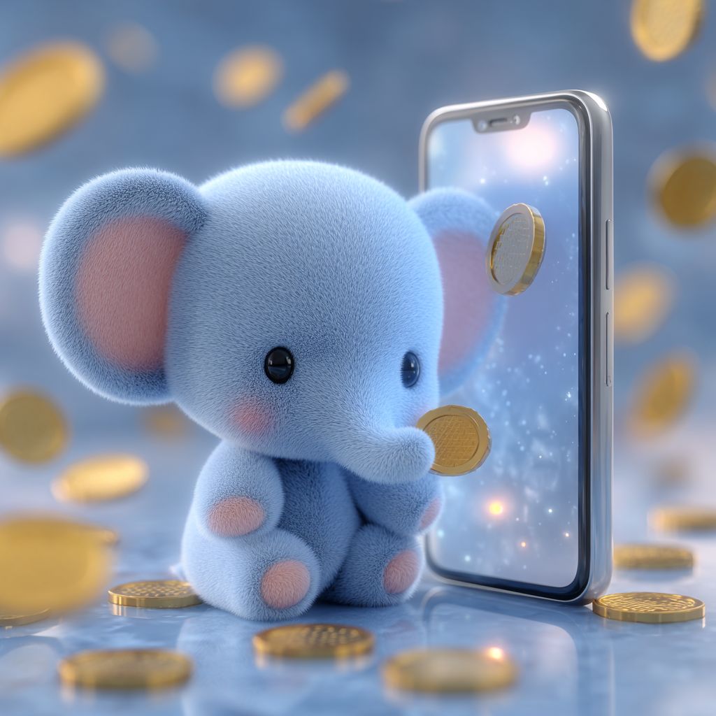 Cute blue elephant mascot holding a gold coin near a smartphone with sparkling casino lights, symbolizing WW555 mobile app
