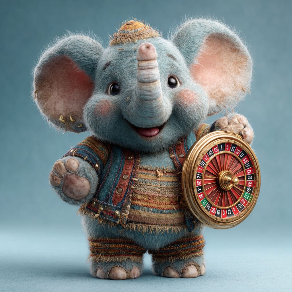 Play live roulette and casino games at WW555 Casino Smiling elephant mascot in colorful outfit holding a roulette wheel, symbol of live casino games at WW555