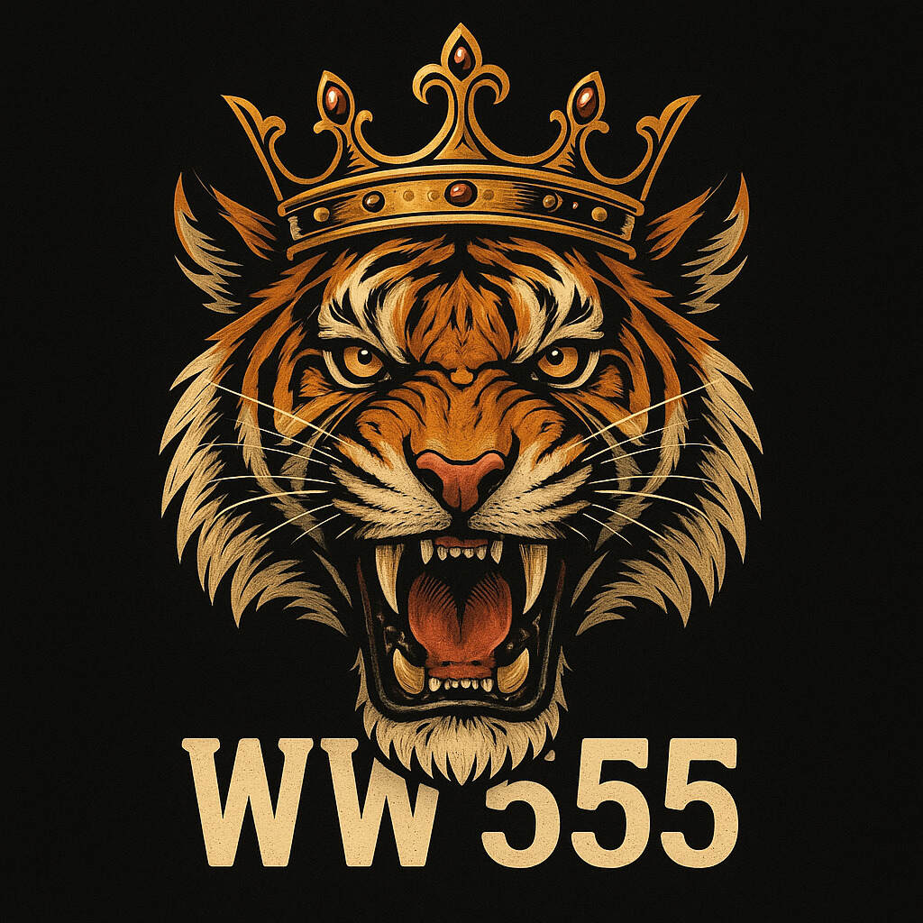 Majestic roaring tiger wearing a golden crown with WW555 text, symbol of power and luck at WW555 Casino
