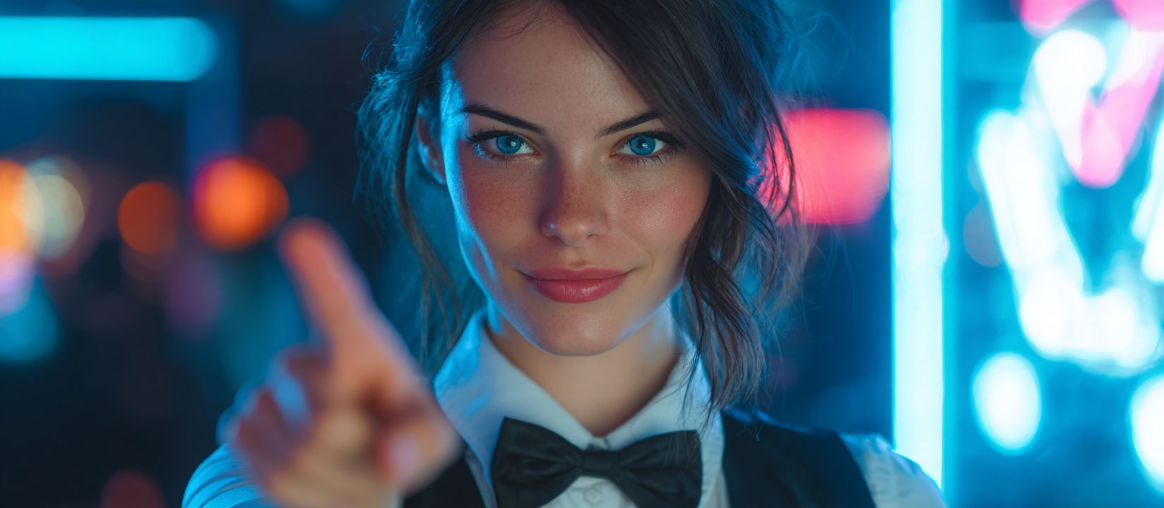 Log in to WW555 Casino and start winning today Beautiful casino hostess pointing directly with neon lights in the background, symbolizing secure and easy login at WW555 Casino