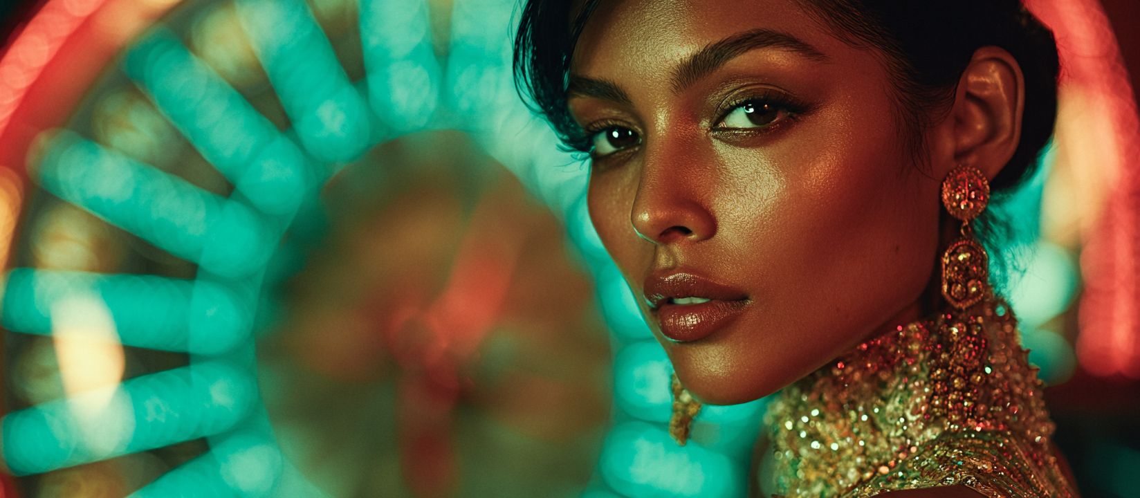 Elegant woman in golden jewelry with glowing roulette lights in the background, symbolizing luxury gaming at WW555 Casino