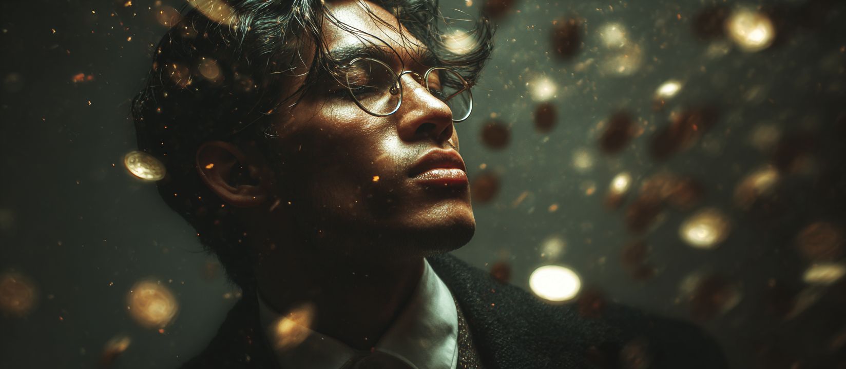 Stylish man in glasses surrounded by flying golden coins, representing fortune and big wins at WW555 Casino